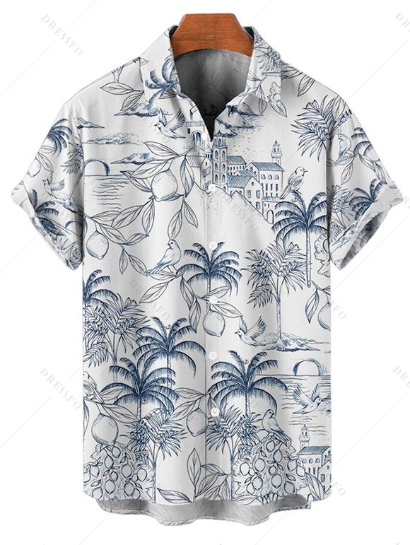 Vacation Couple Outfit Coconut Tree Printed Ruched Bust Sweetheart Neck Belt A Line Mini Dress and Roll Up Sleeve Casual Matching Outfit - Blanc S | US 4