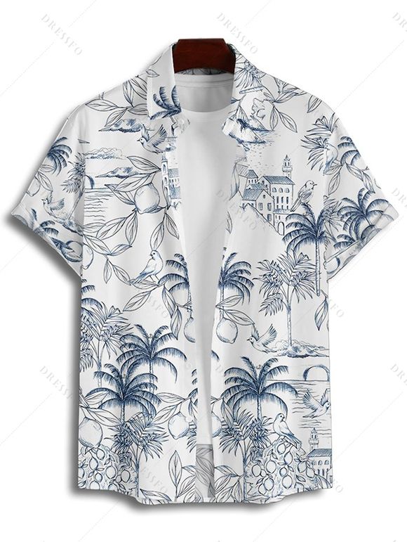 Vacation Couple Outfit Coconut Tree Printed Ruched Bust Sweetheart Neck Belt A Line Mini Dress and Roll Up Sleeve Casual Matching Outfit - Blanc S | US 4