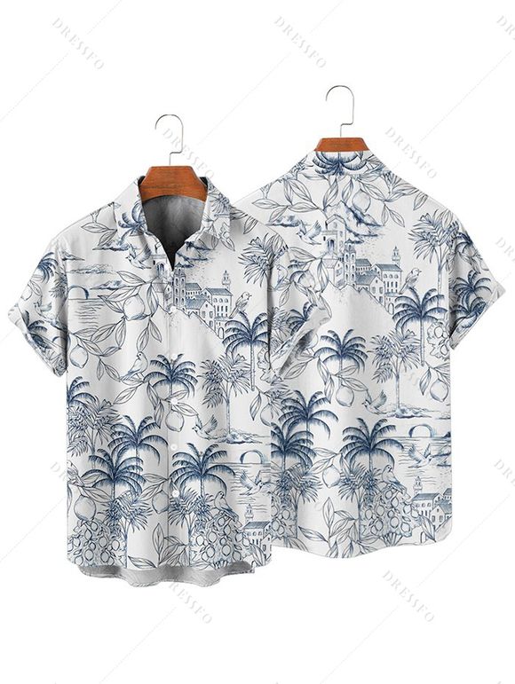 Vacation Couple Outfit Coconut Tree Printed Ruched Bust Sweetheart Neck Belt A Line Mini Dress and Roll Up Sleeve Casual Matching Outfit - Blanc S | US 4