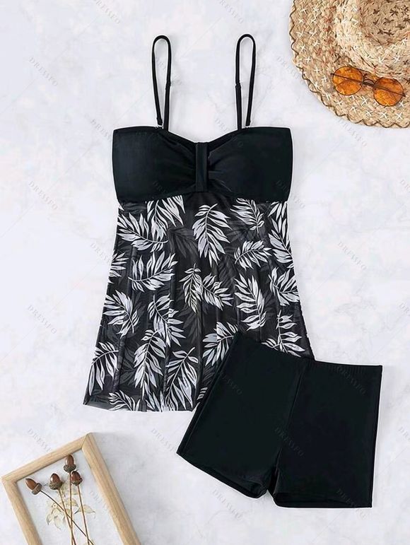 Maillot de Bain Tankini Au Poitrine Feuille Imprimée Transparent à Bretelle Fine Deux Pièces - Noir XL | US 10