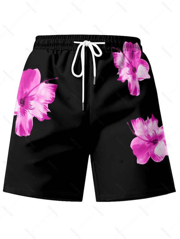 Short de Plage de Vacances Fleur Tropicale Motif de Fleur - Rouge foncé XL