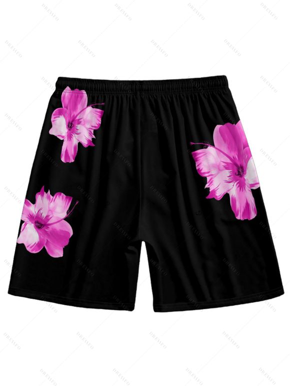Short de Plage de Vacances Fleur Tropicale Motif de Fleur - Rouge foncé XL