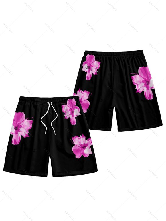 Short de Plage de Vacances Fleur Tropicale Motif de Fleur - Rouge foncé XL