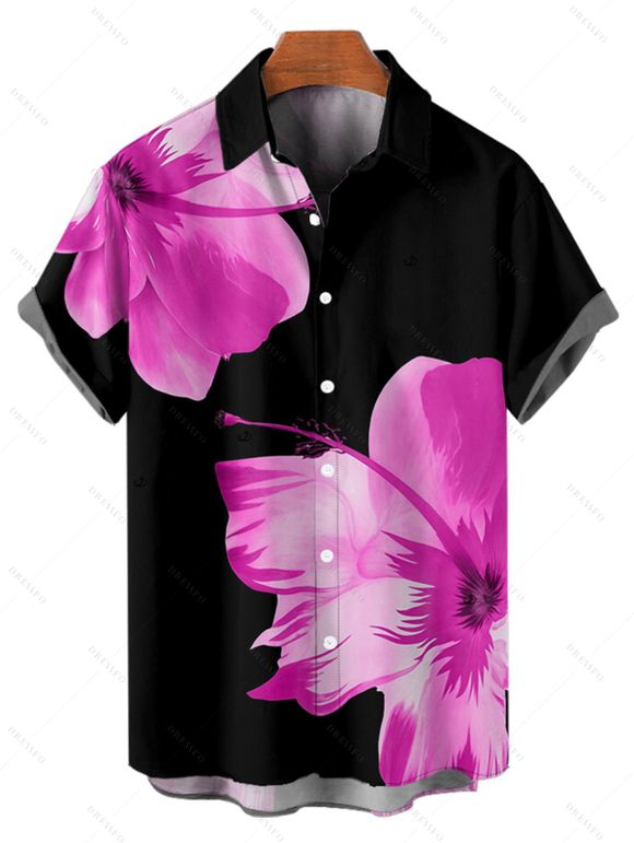 Vacation Couple Outfit Tropical Flower Print Spaghetti Strap V Neck A Line Dress and Roll Up Sleeve Drawstrings Shorts Matching Outfit - Rouge foncé S | US 4