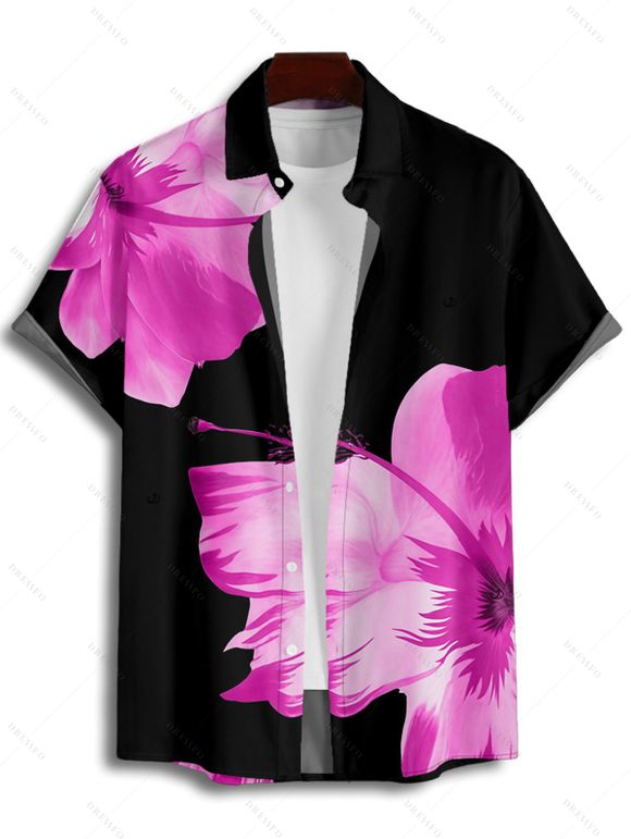 Vacation Couple Outfit Tropical Flower Print Spaghetti Strap V Neck A Line Dress and Roll Up Sleeve Drawstrings Shorts Matching Outfit - Rouge foncé S | US 4