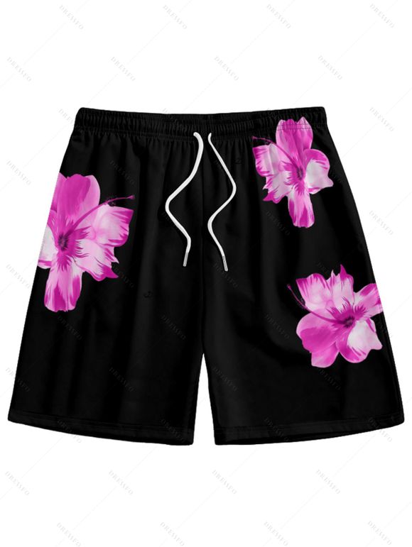 Vacation Couple Outfit Tropical Flower Print Spaghetti Strap V Neck A Line Dress and Roll Up Sleeve Drawstrings Shorts Matching Outfit - Rouge foncé S | US 4