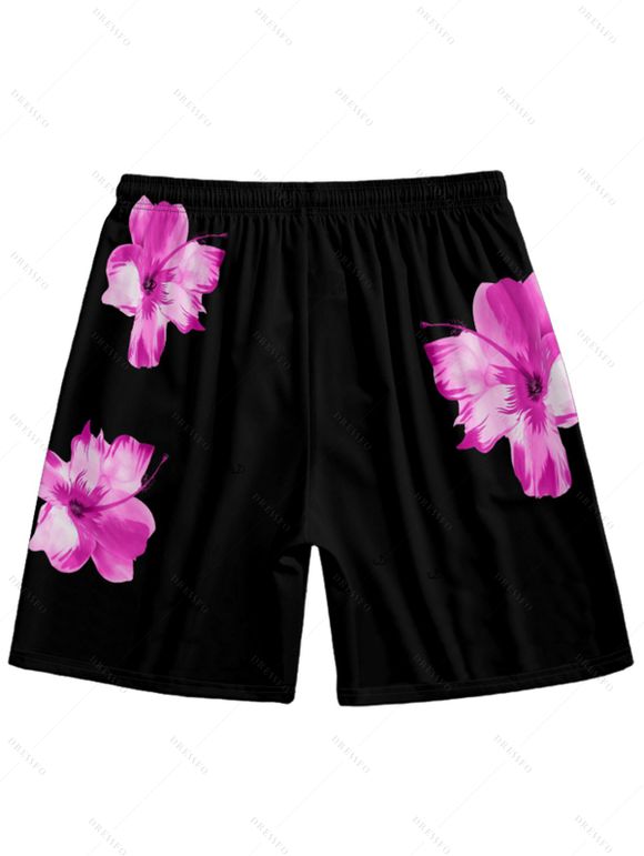 Vacation Couple Outfit Tropical Flower Print Spaghetti Strap V Neck A Line Dress and Roll Up Sleeve Drawstrings Shorts Matching Outfit - Rouge foncé S | US 4