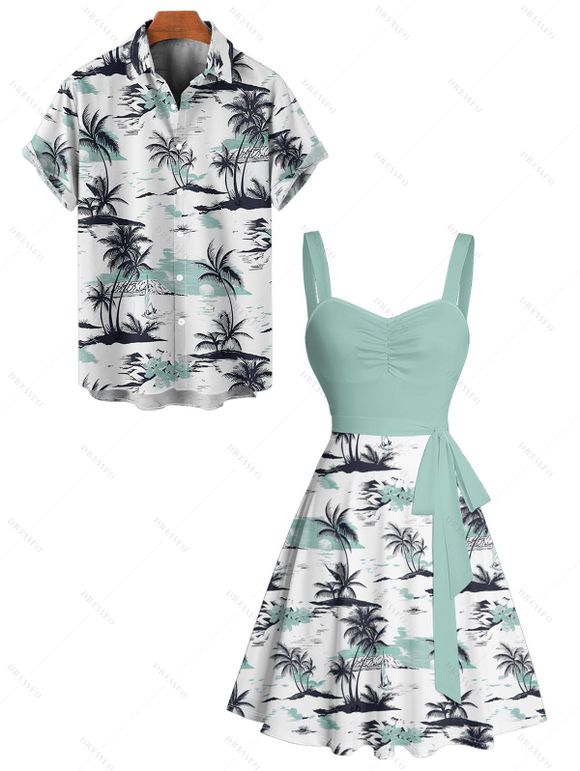 Vacation Couple Outfit Coconut Tree Printed Colorblock Ruched Bust Sweetheart Neck Belt A Line Mini Dress and Roll Up Sleeve Shirt Beach Matching Outfit - Vert clair S | US 4
