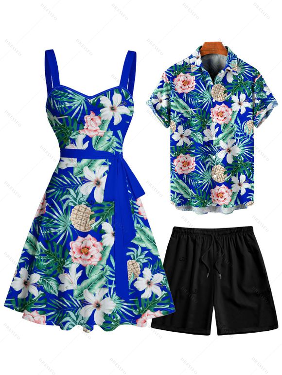 Vacation Couple Outfit Allover Tropical Leaf Flower Pattern Ruched Bust Belt Dress and Roll Up Sleeve Shirt Drawstrings Shorts Matching Outfit - Bleu S | US 4