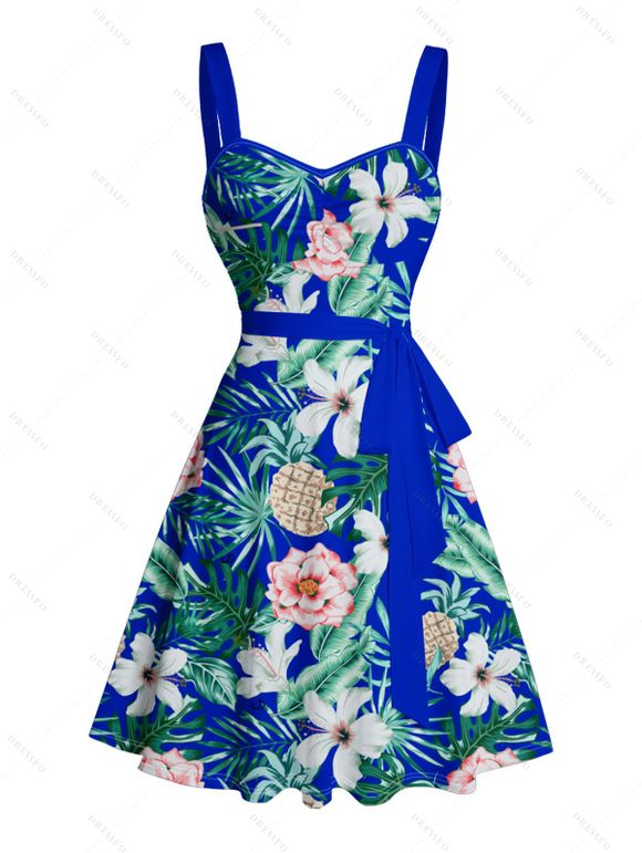 Mini Robe de Plage Ligne A Motif de Fleur Tropicale Partout à Volants - Bleu S | US 4