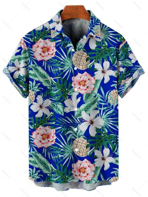 Chemise de Vacances Boutonnée Motif de Feuille Tropicale à Manches Roulées - Bleu 5XL