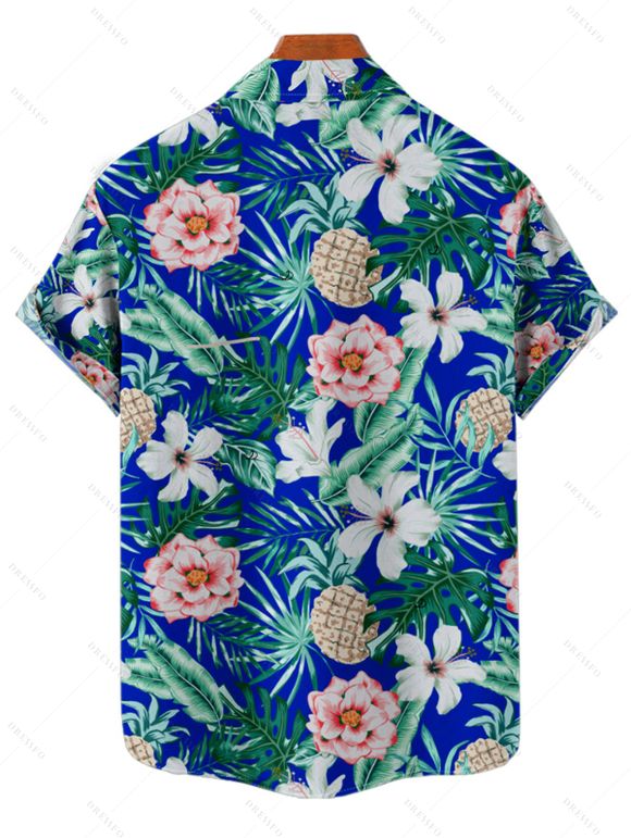 Chemise de Vacances Boutonnée Motif de Feuille Tropicale à Manches Roulées - Bleu 2XL