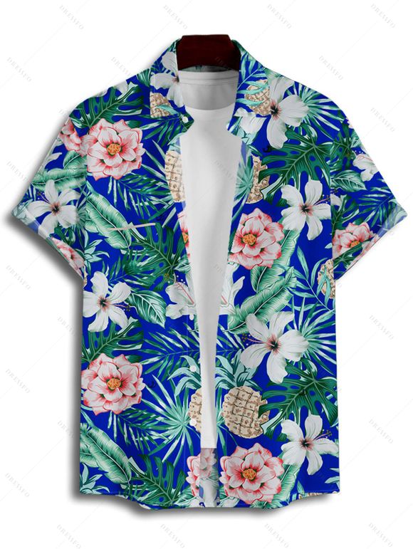 Chemise de Vacances Boutonnée Motif de Feuille Tropicale à Manches Roulées - Bleu 2XL