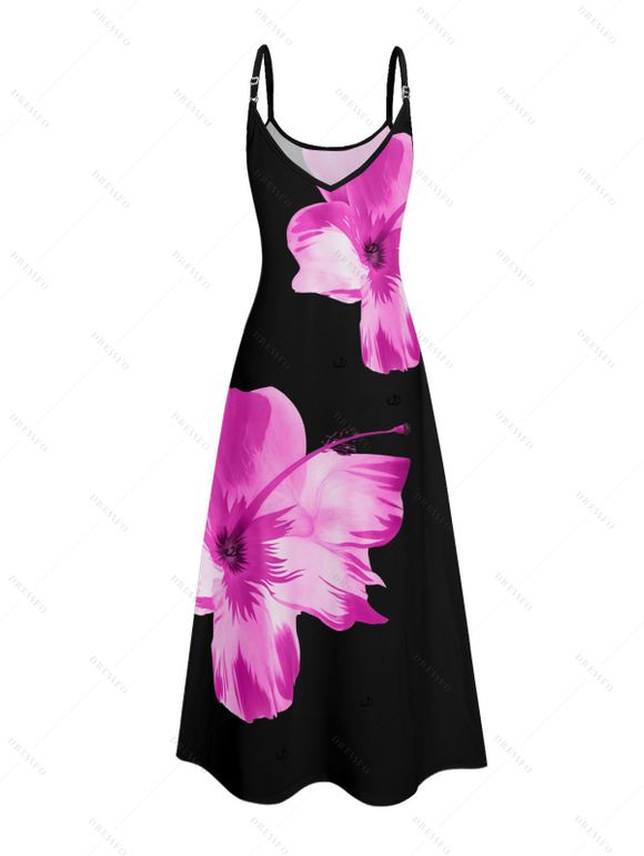 Robe de Plage Longue Ligne A Motif Tropical à Bretelle Fine avec Poche - Rouge foncé S | US 4