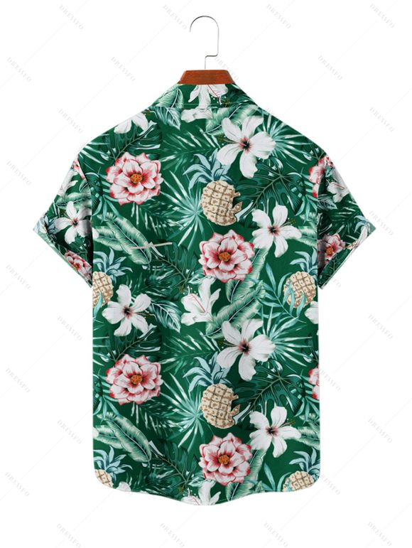 Chemise de Vacances Boutonnée Motif de Feuille Tropicale à Manches Roulées - Vert profond 5XL
