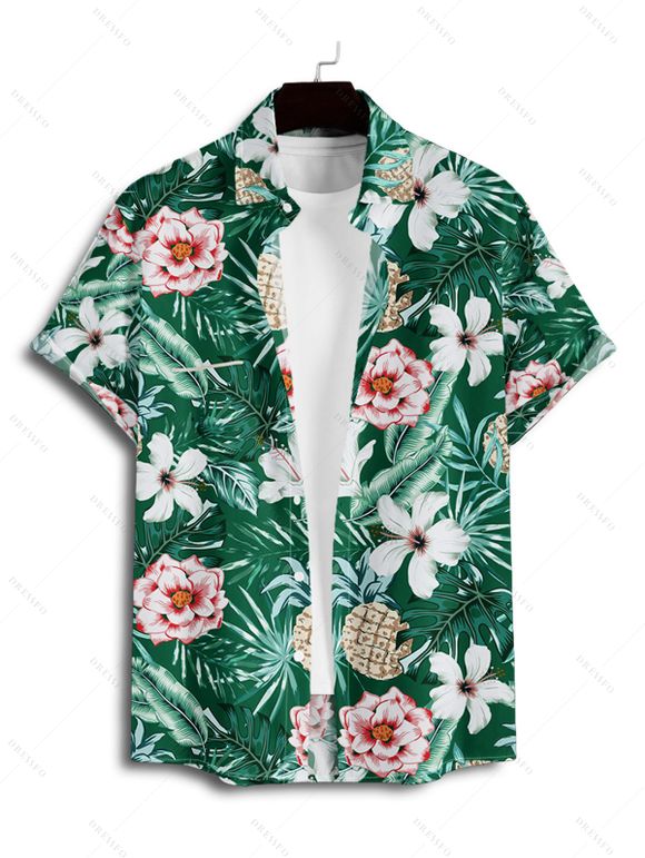 Chemise de Vacances Boutonnée Motif de Feuille Tropicale à Manches Roulées - Vert profond 5XL