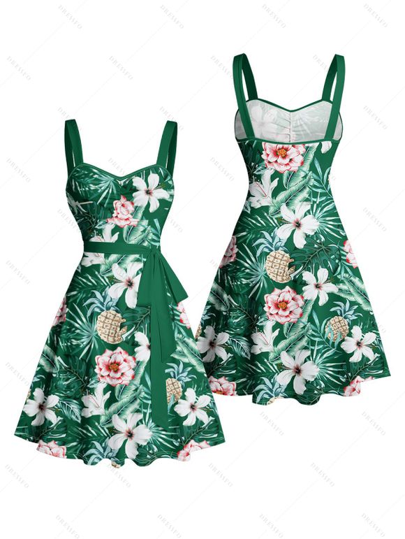 Mini Robe de Plage Ligne A Motif de Fleur Tropicale Partout à Volants - Vert profond XXXXL | US 18