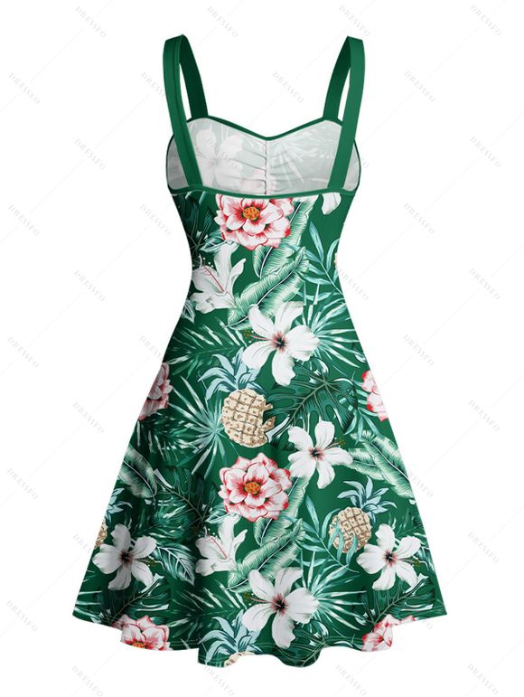 Mini Robe de Plage Ligne A Motif de Fleur Tropicale Partout à Volants - Vert profond XXXXL | US 18