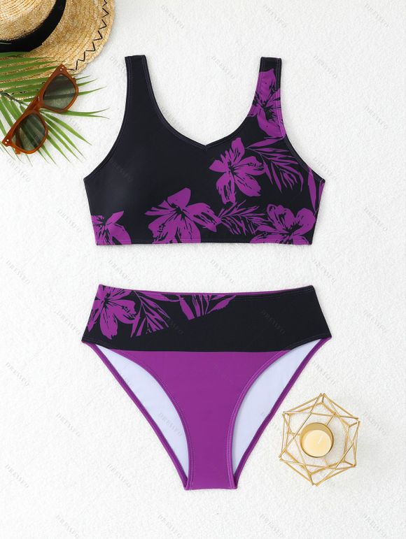 Maillot de Bain Tankini Matelassé Motif de Fleur en Blocs de Couleurs et Slip de Plage Deux Pièces - Concorde XL | US 10