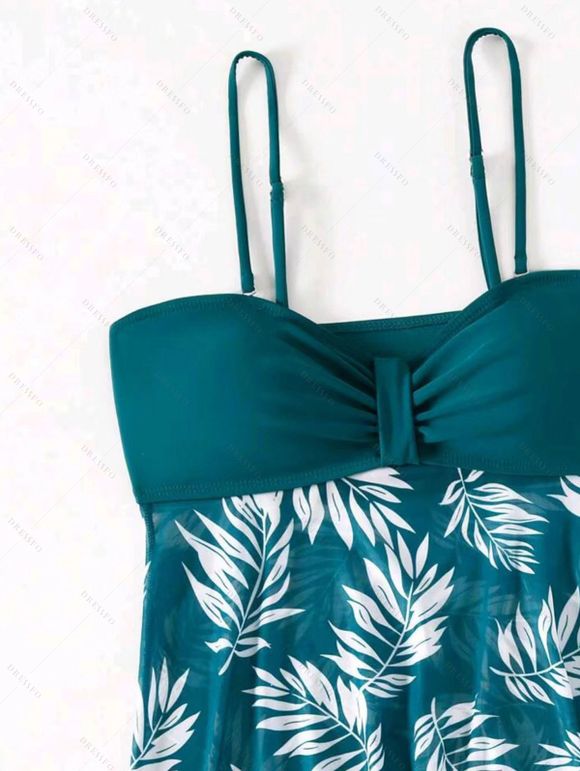 Maillot de Bain Tankini Au Poitrine Feuille Imprimée Transparent à Bretelle Fine Deux Pièces - Vert clair S | US 4