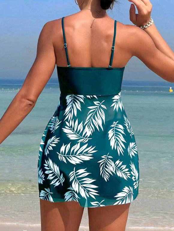Maillot de Bain Tankini Au Poitrine Feuille Imprimée Transparent à Bretelle Fine Deux Pièces - Vert clair S | US 4