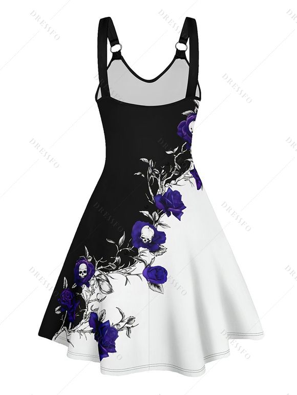 Robe de Vacances Motif de Rose Tressée en Couleur Contrastée sans Manches à Col V - Noir XL | US 12