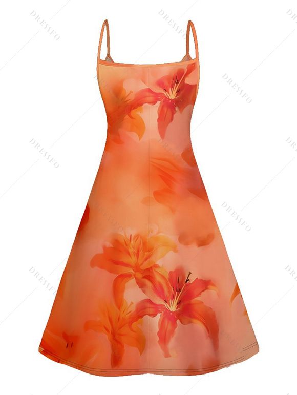 Mini Robe Ligne A Fleurie Plante Imprimées à Bretelle Fine - Orange XL | US 12