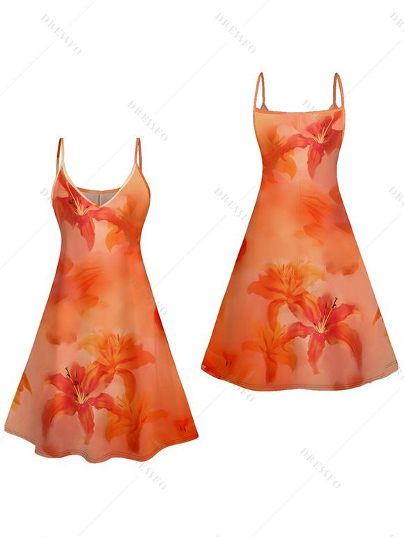 Mini Robe Ligne A Fleurie Plante Imprimées à Bretelle Fine - Orange XL | US 12