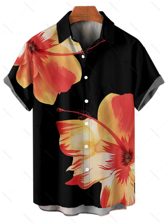 Chemise de Plage Motif de Fleur Tropicale Boutonnée à Manches Roulées pour Homme - Noir 5XL