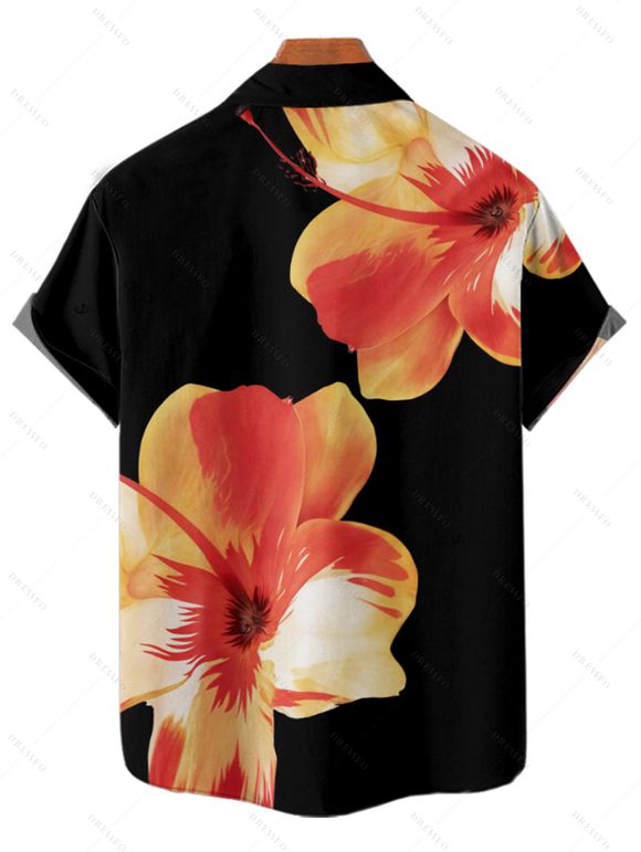 Chemise de Plage Motif de Fleur Tropicale Boutonnée à Manches Roulées pour Homme - Noir M