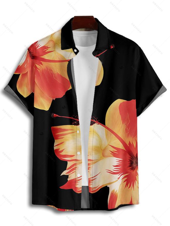 Chemise de Plage Motif de Fleur Tropicale Boutonnée à Manches Roulées pour Homme - Noir M