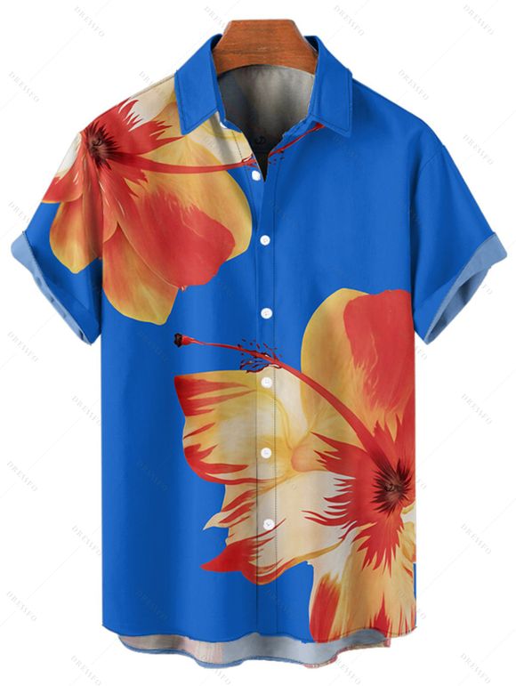 Chemise de Plage Motif de Fleur Tropicale Boutonnée à Manches Roulées pour Homme - Bleu profond S