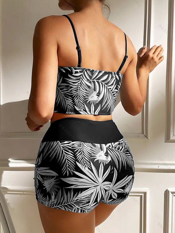 Maillot de Bain Rembourré Feuille Tropicale Imprimée à Bretelle Fine avec Nœud Papillon Deux Pièces - Noir XL | US 10