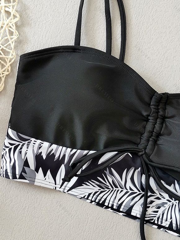 Maillot de Bain Rembourré Feuille Tropicale Imprimée à Bretelle Fine avec Nœud Papillon Deux Pièces - Noir XL | US 10