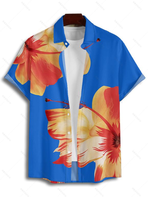 Chemise de Plage Motif de Fleur Tropicale Boutonnée à Manches Roulées pour Homme - Bleu profond S