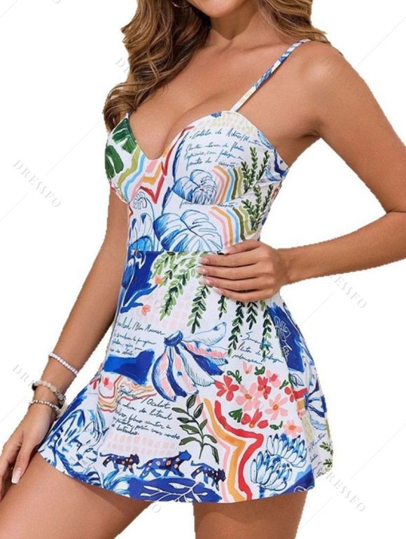 Maillot de Bain Léopard Feuille de Banane et Haut à Bretelle Fine Deux Pièces - Blanc M | US 6