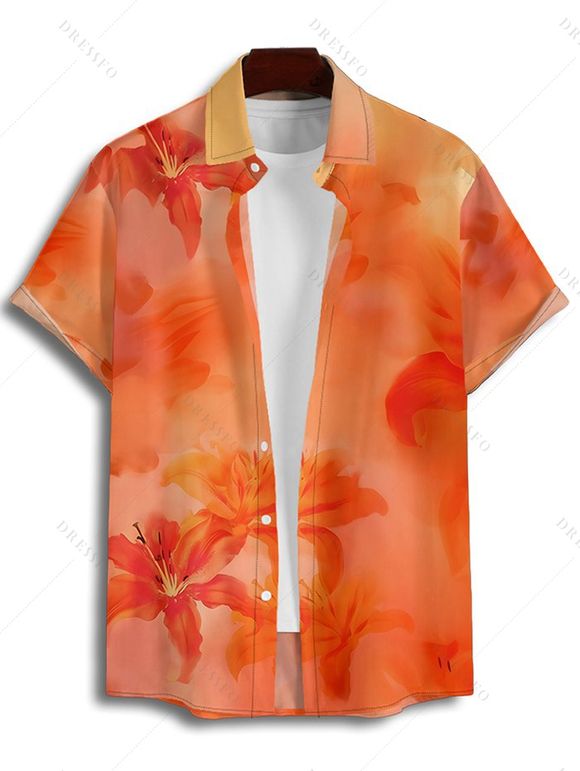Chemise de Vacances Décontractée Boutonnée Fleurie Plante Imprimées à Manches Courtes - Orange 2XL