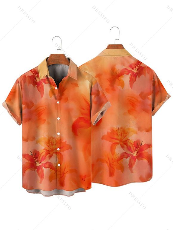 Chemise de Vacances Décontractée Boutonnée Fleurie Plante Imprimées à Manches Courtes - Orange 2XL