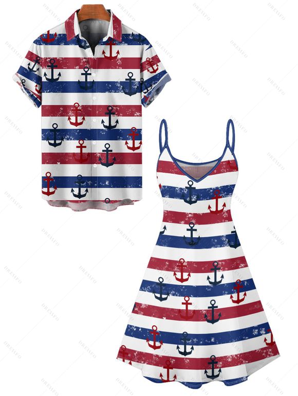 Vacation Couple Outfit Striped Anchor Pattern Spaghetti Strap V Neck A Line Mini Tank Dress and Roll Up Sleeve Shirt Matching Outfit - multicolor S | US 4