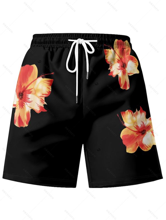 Short de Plage de Vacances Fleur Tropicale Motif de Fleur - Noir XL