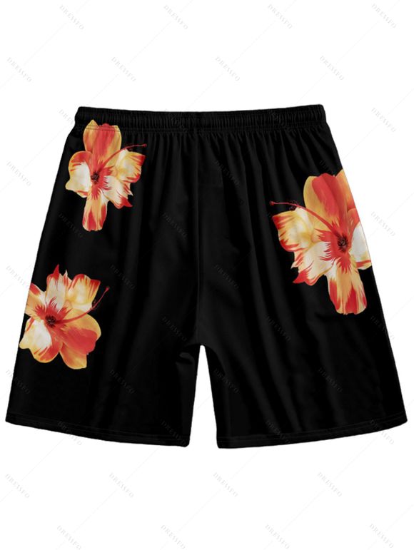 Short de Plage de Vacances Fleur Tropicale Motif de Fleur - Noir XL