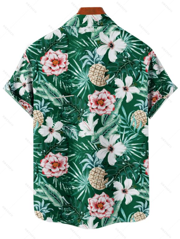 Chemise de Vacances Boutonnée Motif de Feuille Tropicale à Manches Roulées - Vert profond 5XL