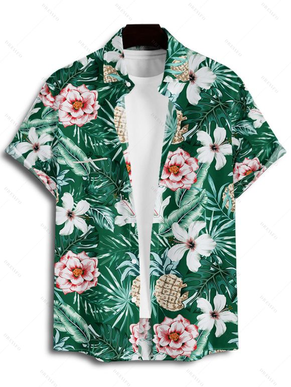 Chemise de Vacances Boutonnée Motif de Feuille Tropicale à Manches Roulées - Vert profond 5XL