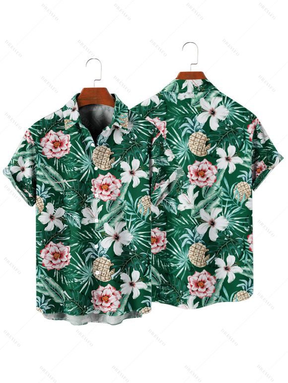 Chemise de Vacances Boutonnée Motif de Feuille Tropicale à Manches Roulées - Vert profond 5XL