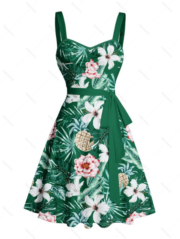 Mini Robe de Plage Ligne A Motif de Fleur Tropicale Partout à Volants - Vert profond XXXXL | US 18