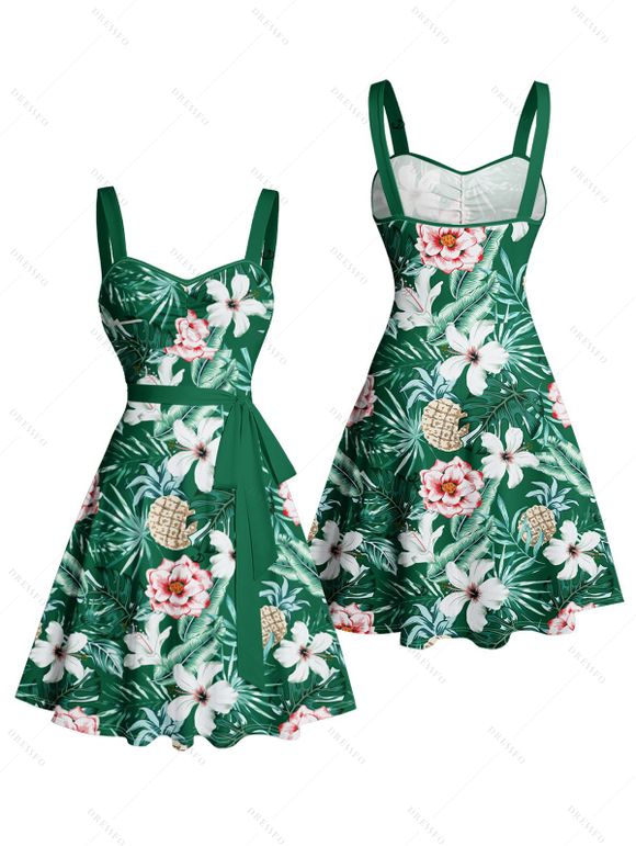 Mini Robe de Plage Ligne A Motif de Fleur Tropicale Partout à Volants - Vert profond XXXXL | US 18