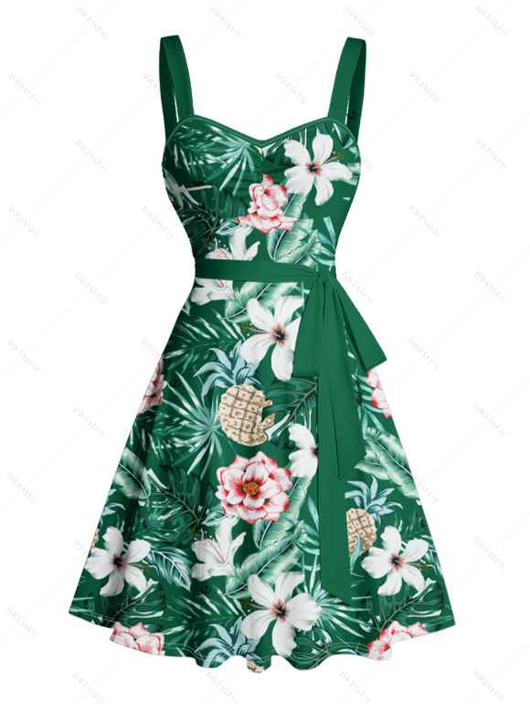 Vacation Couple Outfit Allover Tropical Leaf Flower Pattern Ruched Bust Belt Dress and Roll Up Sleeve Shirt Drawstrings Shorts Matching Outfit - Vert profond S | US 4