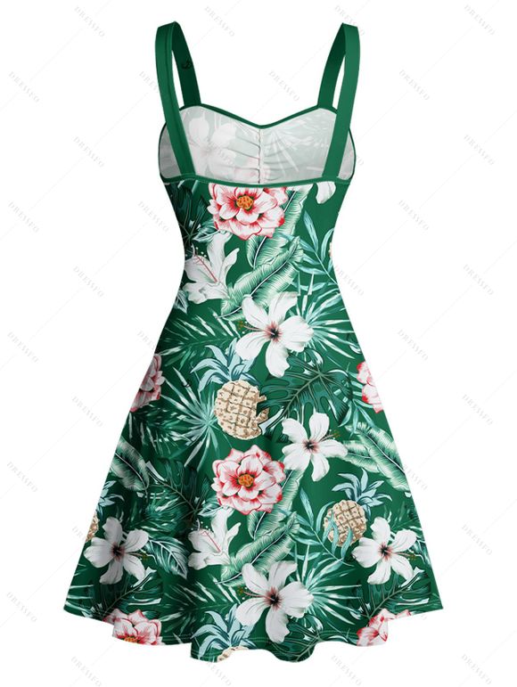 Vacation Couple Outfit Allover Tropical Leaf Flower Pattern Ruched Bust Belt Dress and Roll Up Sleeve Shirt Drawstrings Shorts Matching Outfit - Vert profond S | US 4