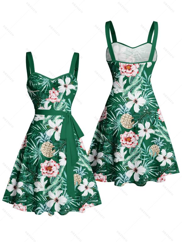 Vacation Couple Outfit Allover Tropical Leaf Flower Pattern Ruched Bust Belt Dress and Roll Up Sleeve Shirt Drawstrings Shorts Matching Outfit - Vert profond S | US 4