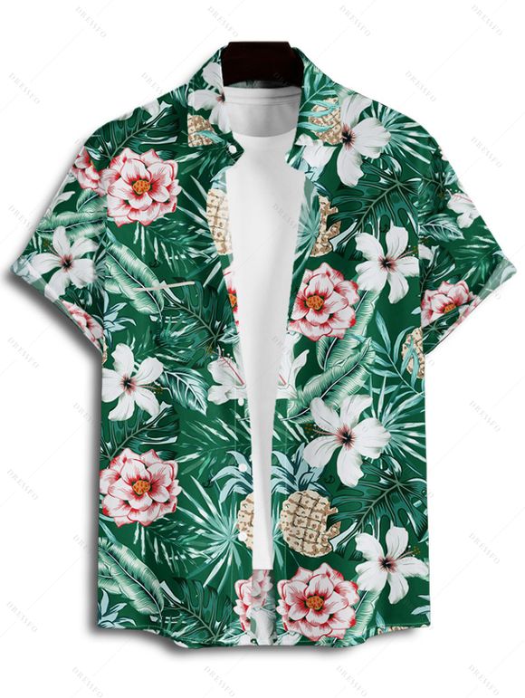 Vacation Couple Outfit Allover Tropical Leaf Flower Pattern Ruched Bust Belt Dress and Roll Up Sleeve Shirt Drawstrings Shorts Matching Outfit - Vert profond S | US 4